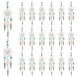 Бирюза 20шт. синтетическая бирюзовая сплавная плетеная сетка/паутина с подвесными украшениями в виде перьев, с раковиной каури и 304 застежками из лобстера из нержавеющей стали, бирюзовые, 110 мм, Кулон : 87~89x28x7~11 мм