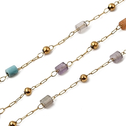 Настоящее золото 18K Ручная работа 304 цепочки из нержавеющей стали и смешанного камня, пайки, с 316 цепями и катушкой из нержавеющей стали, ионное покрытие (ip), реальный 18 k позолоченный, бисер: 2.5x2 мм & 2 мм