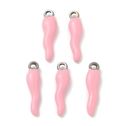 Pink 304 подвески из нержавеющей стали, эмалированные блестки, рог изобилия / итальянский рог корничелло амулеты, цвет нержавеющей стали, розовые, 17.5x4.5x3.5 мм, отверстие : 1~1.5 мм