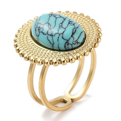 Synthetic Turquoise Ion Plating(IP) 304 Stainless Steel Ring, Adjustable Synthetic Turquoise Rings, Sun, 20.5mm, Inner Diameter: Adjustable