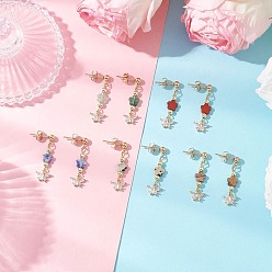 (52) Непрозрачная лаванда Серьги-гвоздики с подвесками из латуни с микропаве из кубических цирконий и бабочкой с цветком, с натуральной картинной яшмой, натуральной красной яшмой, синтетическим гематитом, натуральной далматинской яшмой и натуральной далматинской яшмой, золотые, разноцветные, 30.5x9.5 мм