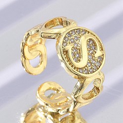 Letter S Открытые манжеты из латуни с микропаве и прозрачным цирконием для женщин, буквы, стойки покрытие, долговечный, без кадмия и без свинца, реальный 18 k позолоченный, Письмо с, 11.5 мм