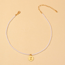 Letter Z Круглые пластиковые бусины из жемчуга, 304 плоские круглые подвески из нержавеющей стали с буквами для женщин, белые, золотые, Письмо Z, 12.99 дюйм (33 см)