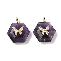Аметист Граненые подвески из натурального аметиста, Шестиугольные подвески с латунной паве из прозрачных кубических цирконий в форме бабочки, реальный 18 k позолоченный, долговечный, стойки покрытие, 22x19x10 мм, отверстие : 3.5x2 мм