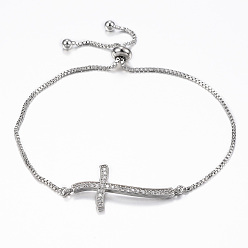 Платина Регулируемые латунные браслеты-слайдеры из циркония, Боло браслеты, крестик, платина, 10-1/4 дюйм (260 мм), 1.2 мм