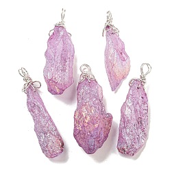 Сливовый Гальванические большие подвески из необработанного натурального кварца с кристаллами, Подвески-самородки с петлями из медной проволоки, серебряные, слива, 40~48x13~23x10~20 мм, отверстие : 4.5~5 мм