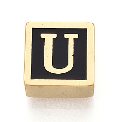 Letter U 304 Квадратные распорные планки из нержавеющей стали с черным эмалевым покрытием, 2-луночное, ионное покрытие (ip), реальный 18 k позолоченный, Буква U, 12x12x6 мм, отверстие : 4.5 мм