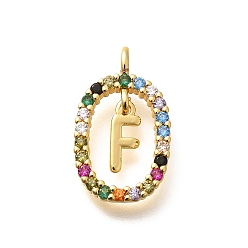 Letter F Латунные микро проложить кубического циркония подвески, без кадмия, без никеля и без свинца, реальный 18 k позолоченный, овал с подвесками в виде букв, Буква F, 18.5x11x3.5 мм, отверстие : 2x1.5 мм