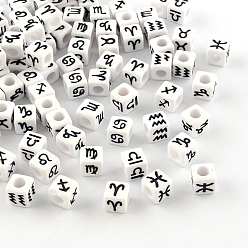 Черный Созвездие / знак зодиака непрозрачный акрил европейский большой бусины отверстия, кубические бусины с большим отверстием , чёрные, 7x7x7 мм, Отверстие : 4 мм , около 1700 шт / 500 г