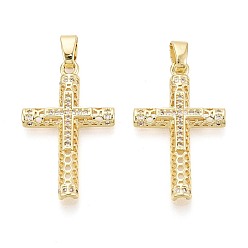 Настоящее золото 16K Религиозные латунные подвески с микропаве из прозрачного кубического циркония, крест прелести, реальный 16 k позолоченный, 29.5x18x3 мм, отверстие : 5.8x2.8 мм