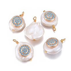 Темно-Голубой Подвески из натурального пресноводного жемчуга, с латунными микро проложить кубических выводы циркония, наггетсы с плоской круглой, золотые, глубокое синее небо, 17~26x11~16x5~11 мм, отверстие : 1.6~2 мм