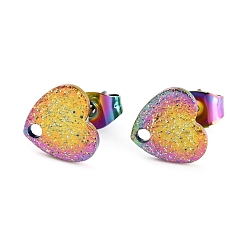 Rainbow Color Ионное покрытие (ip) 304 детали серьги-гвоздики из нержавеющей стали, с ушными гайками / серьгами и отверстием, в форме сердца с текстурированной, Радуга цветов, 8.4x9x1 мм, штифты : 0.8 мм