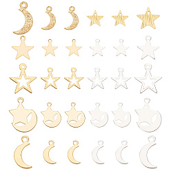 Mixed Color 40Pcs 10 Style Brass Charms, Long-Lasting Plated, Moon & Star, Mixed Color, 8~12x5.5~9.5x0.3~0.6mm, Hole: 0.8~1.4mm, 4pcs/style