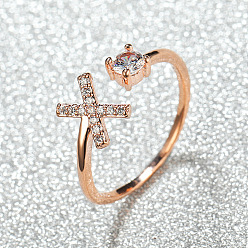 Letter X Манжеты из латуни с микро паве кубический цирконий для женщин, открытые кольца, розовое золото , Письмо X, внутренний диаметр: 16~19 мм