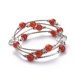 Carnelian Three Loops Wrap Bracelets, with Natural Carnelian(Dyed & Heated) Beads, Flat Round with Lotus Alloy Beads, Round Iron Spacer Beads, Brass Tube Beads and Burlap Bag, 2 inch(5.2cm)