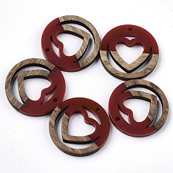 FireBrick Resin & Walnut Wood Pendants, Ring with Heart, FireBrick, 25x3mm, Hole: 1.8mm