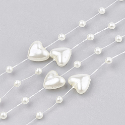 Beige ABS Plastic Imitation Pearl Beaded Trim Garland Strand, Great for Door Curtain, Wedding Decoration DIY Material, Heart and Round, Beige, 9x9mm and 3mm, about 60m/roll