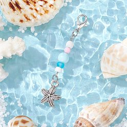 Морская звезда Подвеска с подвесками и стеклянными бусинами на морскую тематику, с карабин-лобстерами , морская звезда, 59 мм, Кулон : 15.5x12.5x2 мм