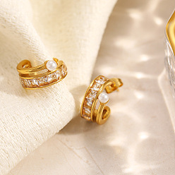 Золотой Серьги-гвоздики из нержавеющей стали с прозрачными кубическими циркониями, С-образной формы., с пластиковой имитационной жемчужиной, золотые, 304 мм