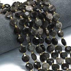 Silver Sheen Obsidian Бусы из натурального серебра обсидиан, граненый шестиугольный разрез, плоско-круглые, с бисером, 10~10.5x6 мм, отверстие : 1 мм, около 31~32 шт / нитка, 15.35''~15.55'' (39~39.5 см)