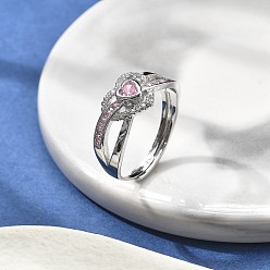 Платина Регулируемые кольца для женщин с микропаве из латуни и кубическими цирконами, сердце, платина, 10 мм, внутренний диаметр: 20 мм