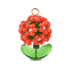 Rouge Pendentifs en perles de verre, charme de fleur, avec des broches à tête plate en acier inoxydable et du verre, rouge, 304mm, Trou: 24.5x14x14mm