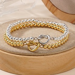 Платиновый & Золотой 2шт. сердечки 304 браслеты из нержавеющей стали, латунные круглые бусины эластичные браслеты для женщин, платиной и золотом, 6.89 дюйм (17.5 см)