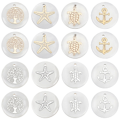 Платиновый & Золотой 48 шт 8 стили натуральные пресноводные подвески из ракушек, плоские круглые подвески с металлическими ломтиками, разнообразные, платиной и золотом, 16x3.5~4 мм, отверстие : 1.2 мм, 6 шт / стиль