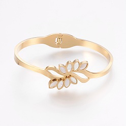 Golden 304 Stainless Steel Bangles, with White Shell, Flower, Golden, 1-3/4 inchx2-3/8 inch(4.6x6.2cm)