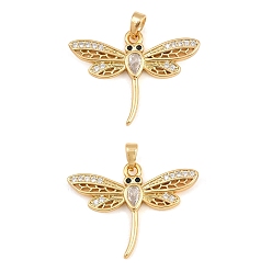 Chapado en Oro Real 18K Micro latón allanan colgantes cúbicos del zirconia, encantos libélula, real 18 k chapado en oro, 22x28.5x2.5 mm, agujero: 4x3 mm