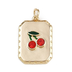 Золотой Латунь эмаль подвески, прямоугольник с вишневыми подвесками, со стразами и соединительным кольцом, золотые, 22x15x4 мм, отверстие : 3.4 мм