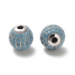 Sky Blue Rhodium Plated 925 Sterling Silver Micro Pave Cubic Zirconia Beads, Round, Real Platinum Plated, Sky Blue, 10x9mm, Hole: 2.2mm