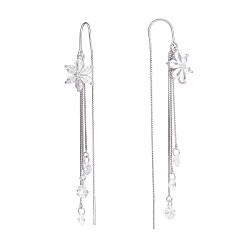 Platinum Anti-Tarnish Clear Cubic Zirconia Flower with Chain Tassel Dangle Earrings, Rhodium Plated 925 Sterling Silver Long Drop Ear Thread for Women, Platinum, 75x11.7mm, Pin: 0.8mm