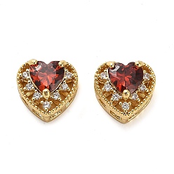 Indian Red Brass Micro Pave Cubic Zirconia Beads, Real 18K Gold Plated, Heart, Indian Red, 10x10.5x7mm, Hole: 2mm