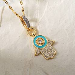 Hamsa Hand Модные латунные эмалевые подвески глубокого небесно-голубого цвета, с четким кубического циркония, золотые, хамса рука, 15.75 дюйм (40 см)