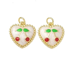 (404) Непрозрачное AB Кислое яблоко Латунь эмаль подвески, стойки покрытие, сердце с вишней, без свинца и без кадмия, долговечный, с целью перехода в кольце, реальный 18 k позолоченный, цветочный белый, 16.5x16x3.5 мм, отверстие : 3.2 мм