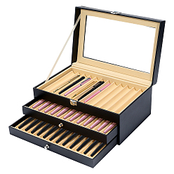 Black Density Board & PU Leather Pen Display Box, Rectangle, Black, 305x197x125mm