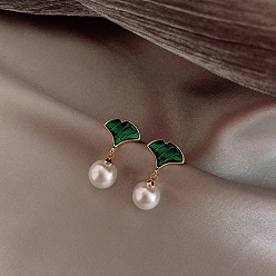 Green Imitation Pearl Bead Dangle Earrings, Alloy Enamel Earrings for Women, 925 Sterling Silver Pins, Ginkgo Leaf, Green, 18x12mm