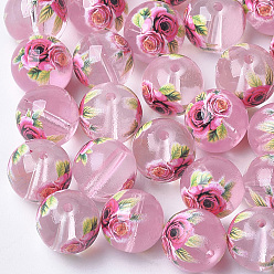 Pink Printed & Spray Painted Transparent Glass Beads, Round with Flower Pattern, Pink, 8~8.5x7.5mm, Hole: 1.4mm