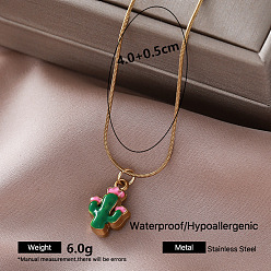 Cactus Vintage Cinco de Mayo 304 Stainless Steel Enamel Pendant Round Snake Chain Necklaces for Women, Golden, Green, Cactus, 15.75 inch(40cm)