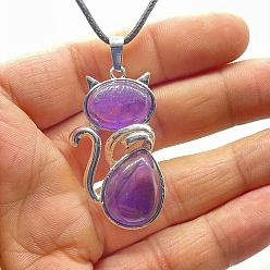 Amethyst Natural Amethyst Alloy Cat Shape Pendant Necklaces, Platinum, 23.62 inch(60cm)