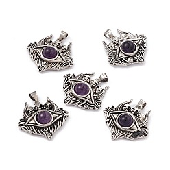 Amethyst Halloween Natural Amethyst Pendants, Eye with Skull Charms, with Antique Silver Plated Brass Findings, 26x27x8.5mm, Hole: 3.5x5mm