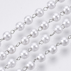 Platinum Handmade ABS Plastic Imitation Pearl Beaded Chains, Soldered, with 304 Stainless Steel Chain and Spool, Creamy White, Platinum, Link: 2.5x1.5x0.3mm, about 65.61 Feet(20m)/roll