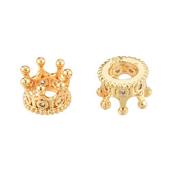Real 18K Gold Plated Brass Micro Pave Cubic Zirconia Beads, Crown, Large Hole Beads, Nickel Free, Real 18K Gold Plated, 8x8x5.5mm, Hole: 5.5mm
