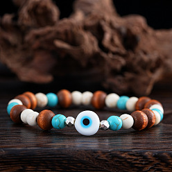 Смешанные камни Эластичные браслеты из натурального дерева и синтетических бирюзовых круглых бусин для мужчин., злые глаза, со стеклом, 6.89 дюйм (17.5 см)