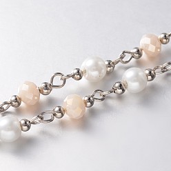 Pink Стеклянные бусины цепочки ручной работы граненые для изготовления браслетов из колье, со стеклянной жемчуг, железные прокладки и железный штифт, несварные, платина, розовые, 39.3 дюйм, около 60 шт / нитка