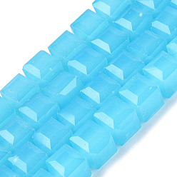 Deep Sky Blue Imitation Jade Glass Beads Strands, Cube, Faceted, Deep Sky Blue, 7x7x6.5~7mm, Hole: 1.2~1.6mm, about 96~101pcs/strand, 25.39~28.54 inch(64.5~72.5cm)