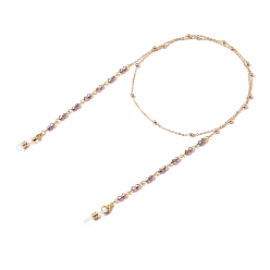 Prune Chaînes de lunettes, tour de cou pour lunettes, avec des chaînes de câble en laiton, perles de verre toupie, 304 fermoirs à pince de homard en acier inoxydable et extrémités en caoutchouc, or, prune, 31.89 pouce (81 cm)