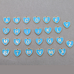 Темно-Голубой 26 шт. Подвески из сплава эмали, золотые, сердце с подвеской в виде буквы az, глубокое синее небо, 15.5x14.5x2 мм, отверстие : 2 мм, 26 шт / комплект