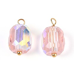 Pink Подвески-бочонки из гальванического стекла, с 304 петлей из нержавеющей стали, реальный 18 k позолоченный, граненые, ионное покрытие (ip), розовые, 13~14x7.5~8 мм, отверстие : 1.6~1.8 мм